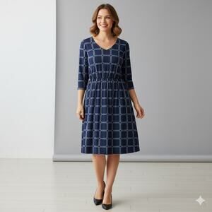 Boden Eliza Dress 16L Tall Blue Grid Midi V Neck Long Sleeve Lined Work Office